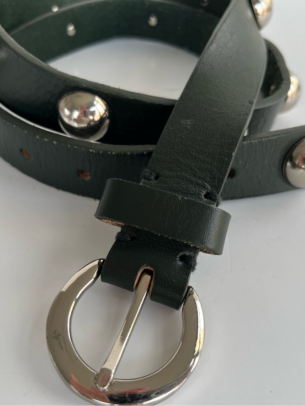 Y2K Boho inspired Dark Green Studded Leather Belt with Silver Buckle Size 36”W
